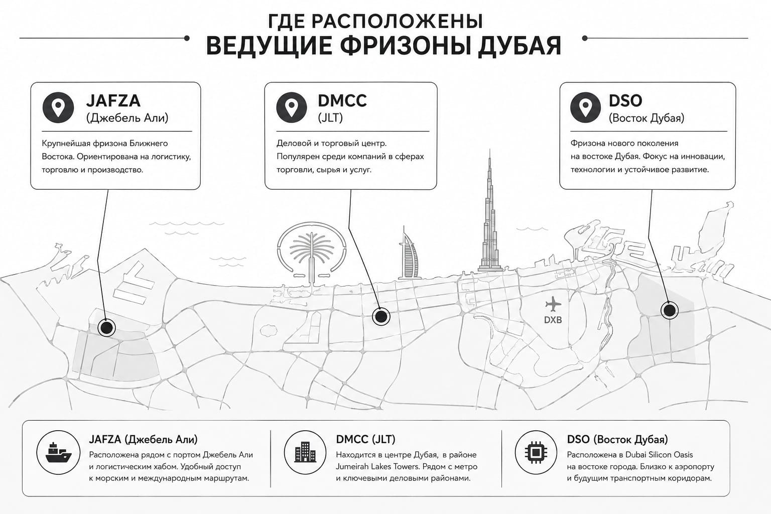 карта расположения свободных экономических зон Дубай